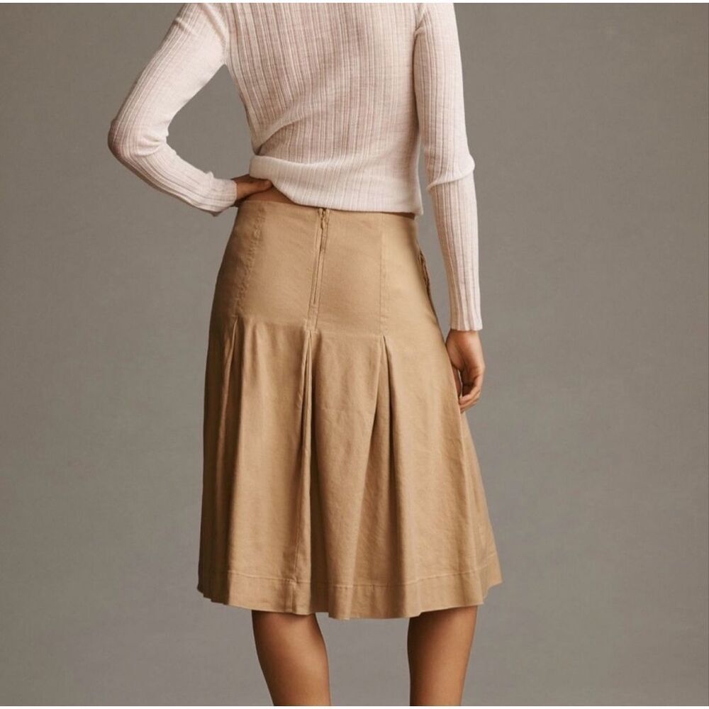 New Anthropologie Maeve Wide Pleated Khaki Midi Skirt Size 14 Tan Linen Blend - Picture 3 of 8